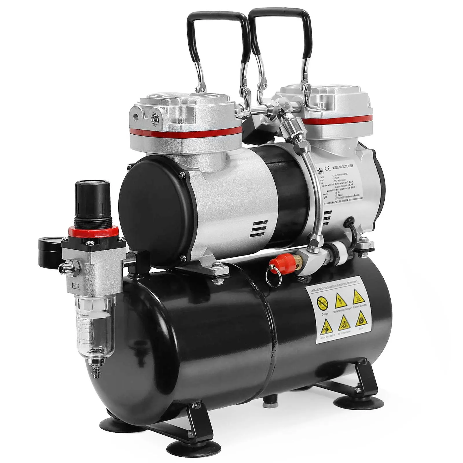 1/3 HP Dual Piston Airbrush Compressor w/ Tank, Gauge, Trap