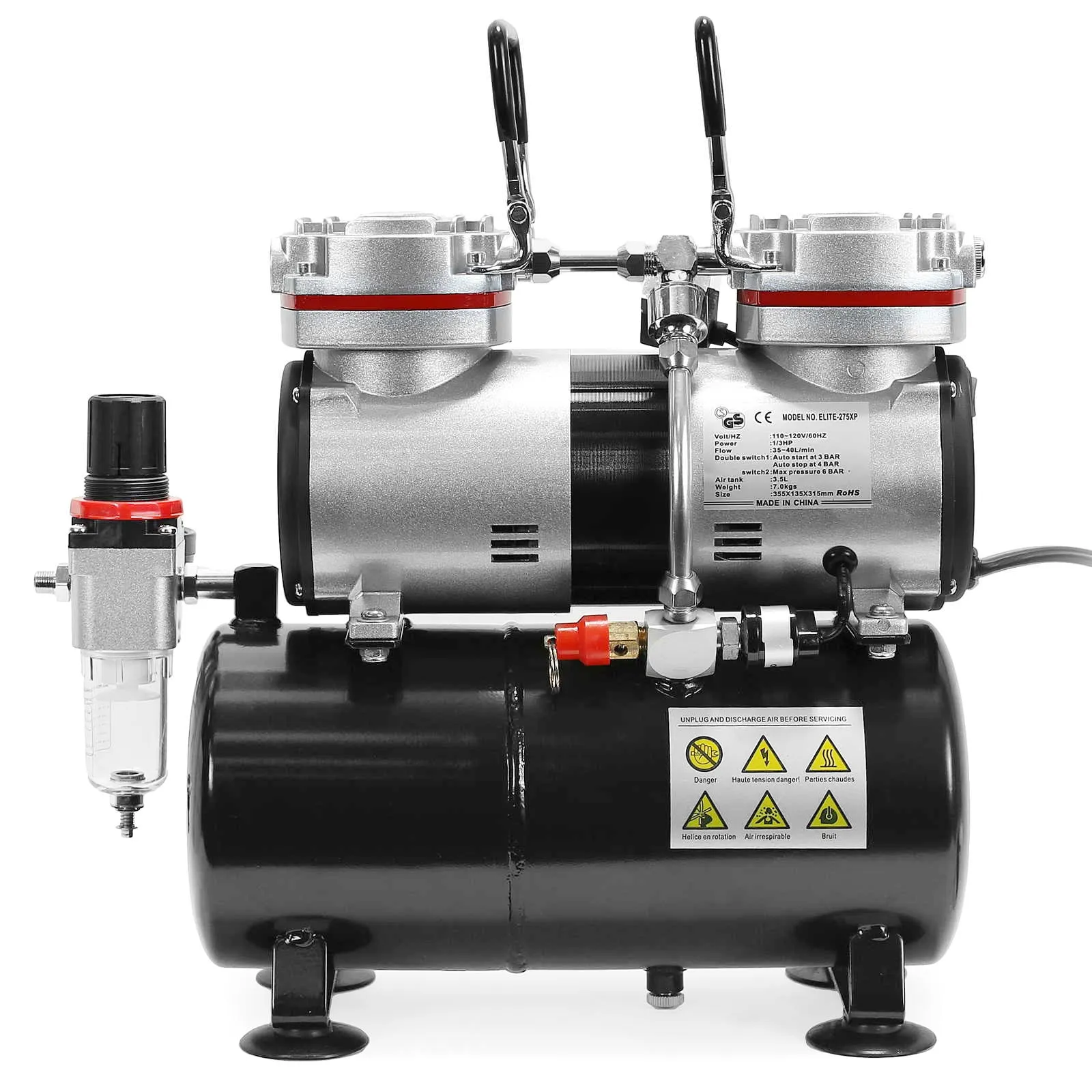 1/3 HP Dual Piston Airbrush Compressor w/ Tank, Gauge, Trap