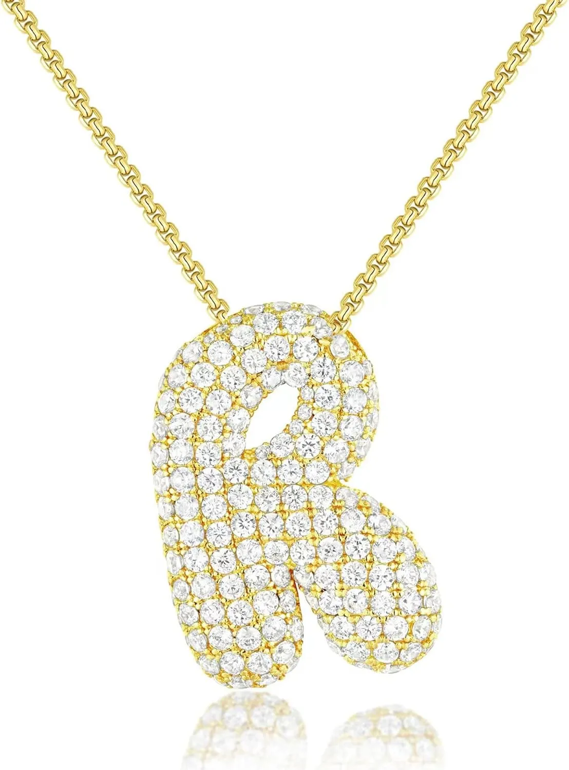 14K Gold Plated Bubble Letter Necklace - A Unique, Personalized Gift for Women (Gold, R)