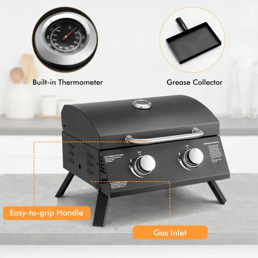 2-Burner Propane Gas Grill 20000 BTU Outdoor Portable with Thermometer