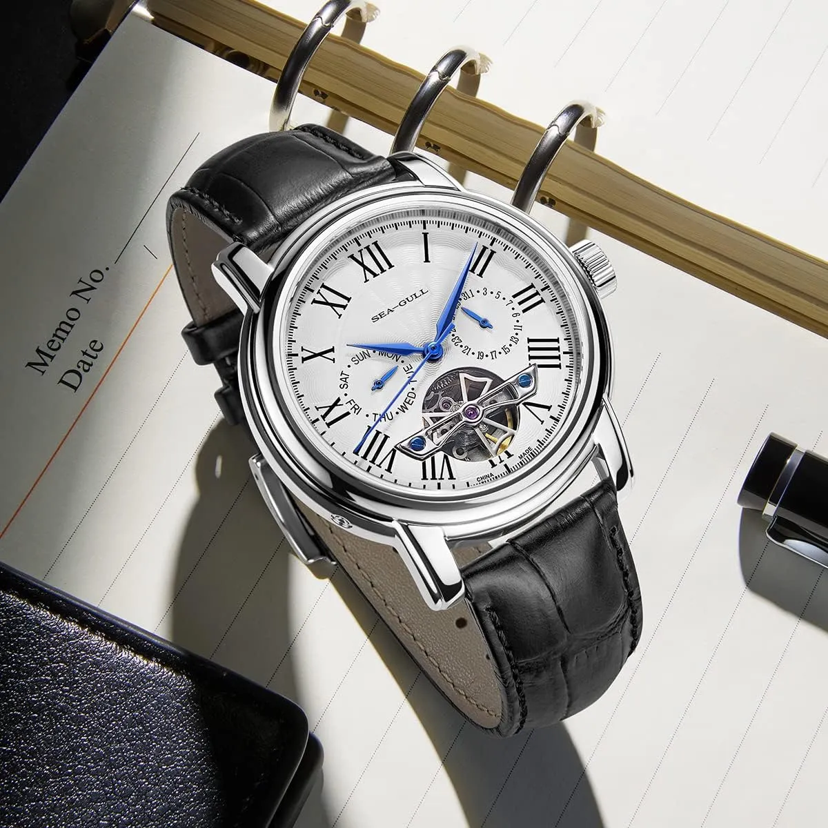 2021 Seagull Men's Watch Hollow Automatic Mechanical Watch Calendar Potential Multifunction Flywheel Business Watches, White- D819.626, Strap