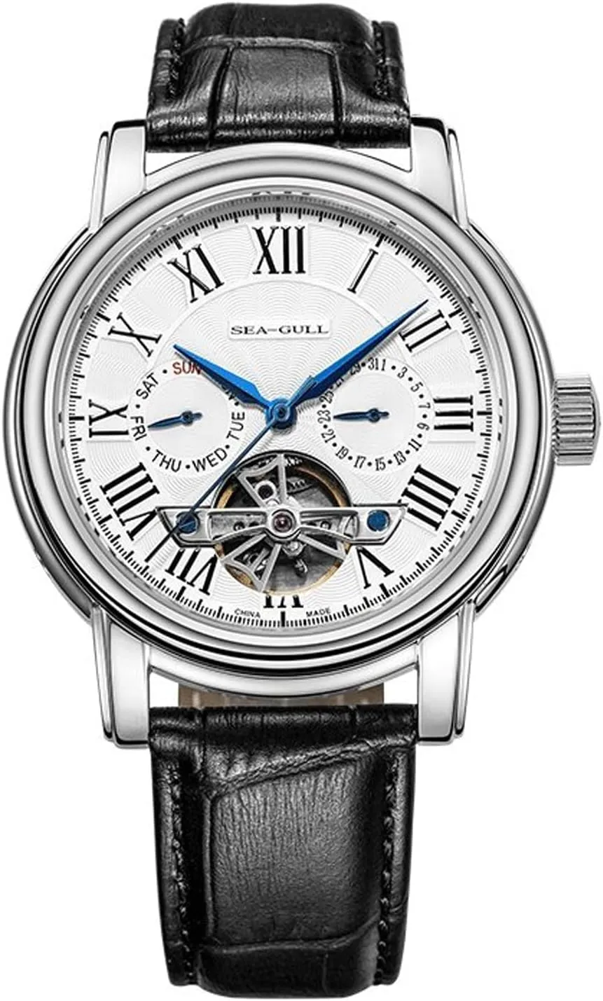 2021 Seagull Men's Watch Hollow Automatic Mechanical Watch Calendar Potential Multifunction Flywheel Business Watches, White- D819.626, Strap