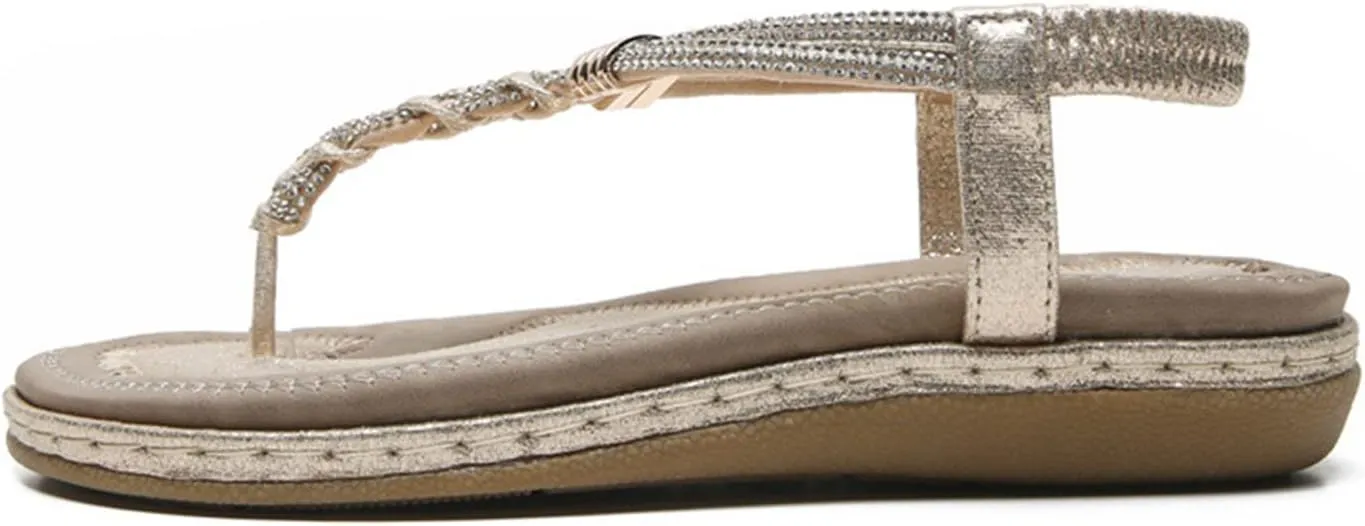 2025 Fashion T-Strap Boho Sandals Summer Rhinestones Strappy Thong Flats Beach Holiday Sandal Footwear Walking Shoes