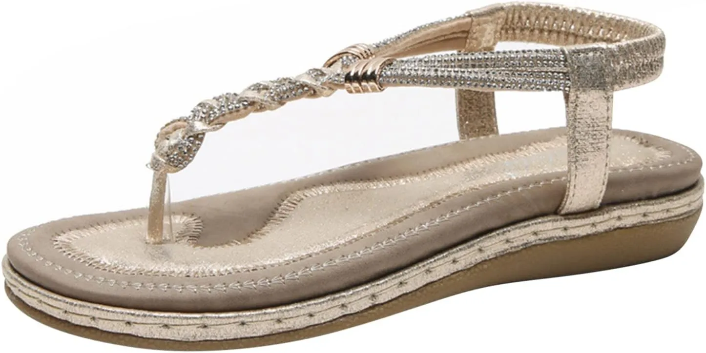 2025 Fashion T-Strap Boho Sandals Summer Rhinestones Strappy Thong Flats Beach Holiday Sandal Footwear Walking Shoes