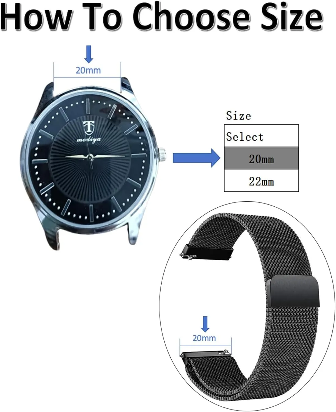20mm 22mm Watch Straps,Quick Release Watch Strap,Magnetic Watch Band,Adjustable Magnetic Clasp Metal Milanese Mesh Loop Band Stainless Steel Watch Strap(USBE_Watchband_01_Parent)