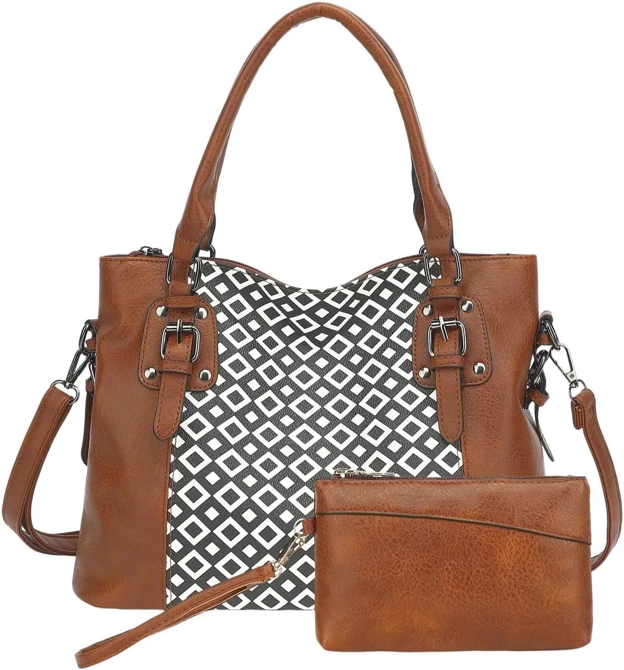 2PC Set Handbags Bags for Women Pu Leather Tote Purse Crossbody Bag with Pockets Top Handle Shoulder Satchel Bags for Ladies