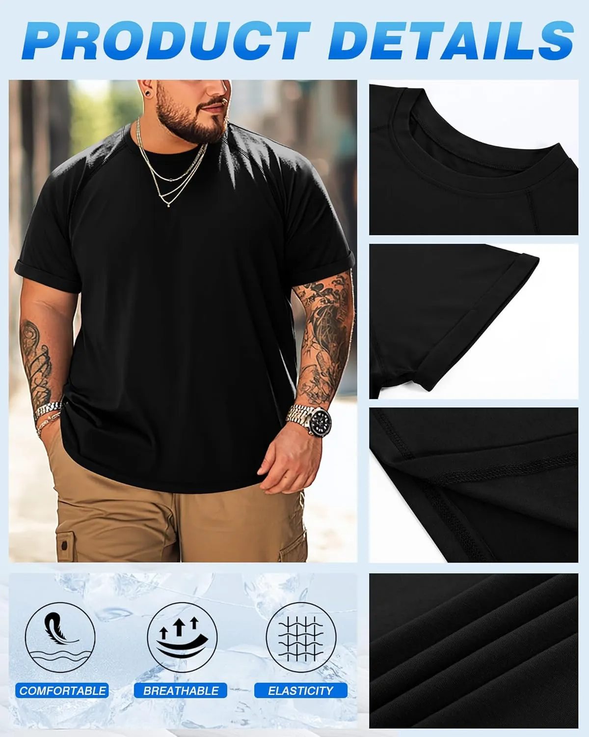 3 Pack Men's Big and Tall T-Shirts Cotton Workout Raglan Short Sleeve Shirts Casual Athletic Tee Basic Summer Tops