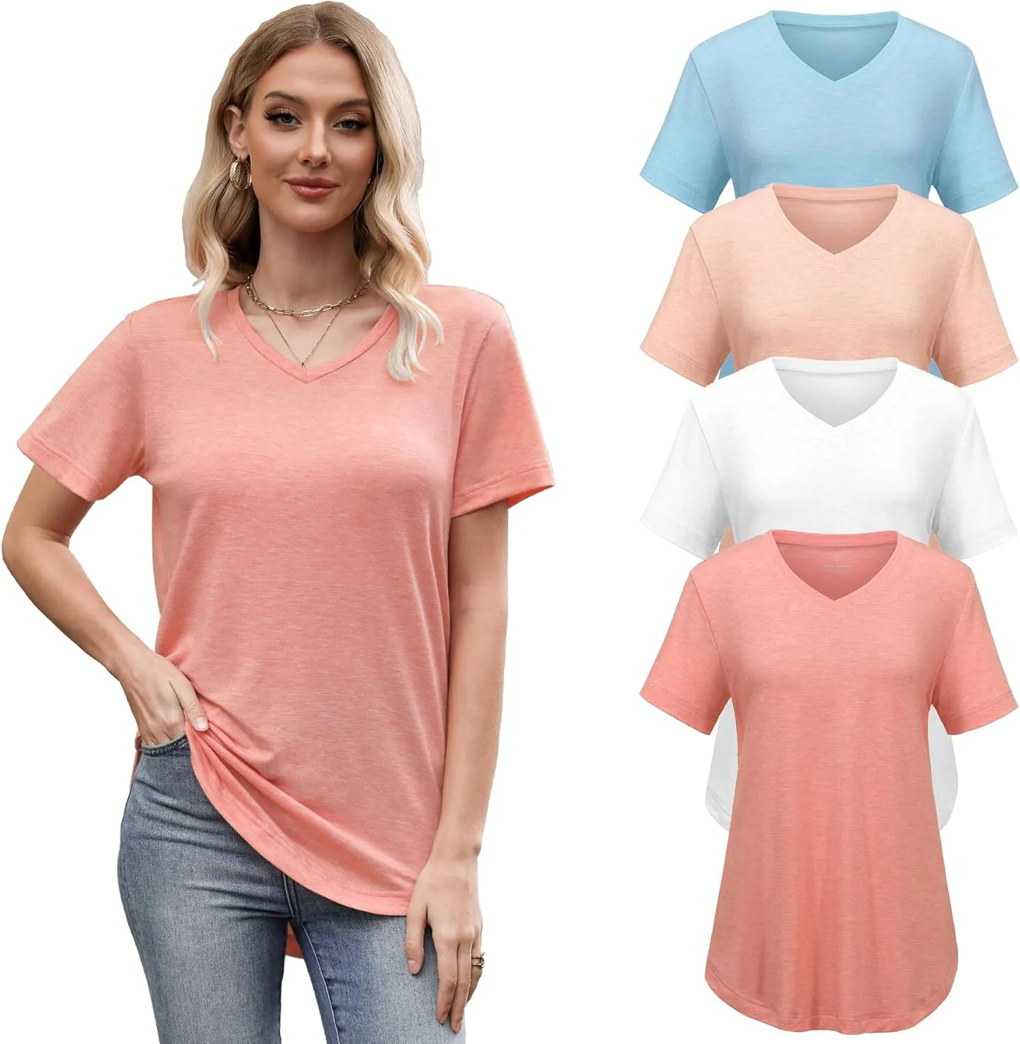 4 Pack Womens Short Sleeve V Neck T Shirts Basic Tee Casual Loose Fit Tops Flowy Curved Hem Outfits Clothes