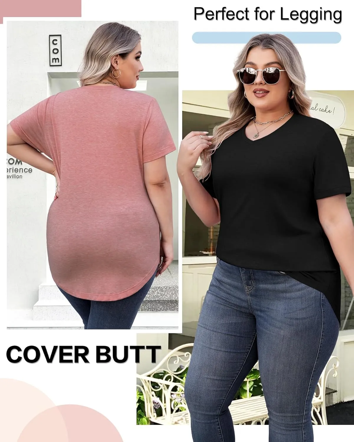 4 Pack Womens Short Sleeve V Neck T Shirts Basic Tee Casual Loose Fit Tops Flowy Curved Hem Outfits Clothes