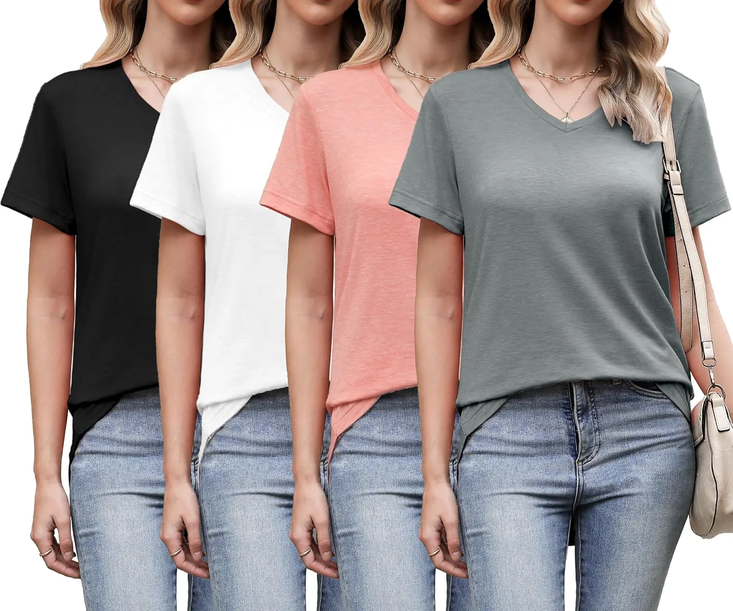 4 Pack Womens Short Sleeve V Neck T Shirts Basic Tee Casual Loose Fit Tops Flowy Curved Hem Outfits Clothes
