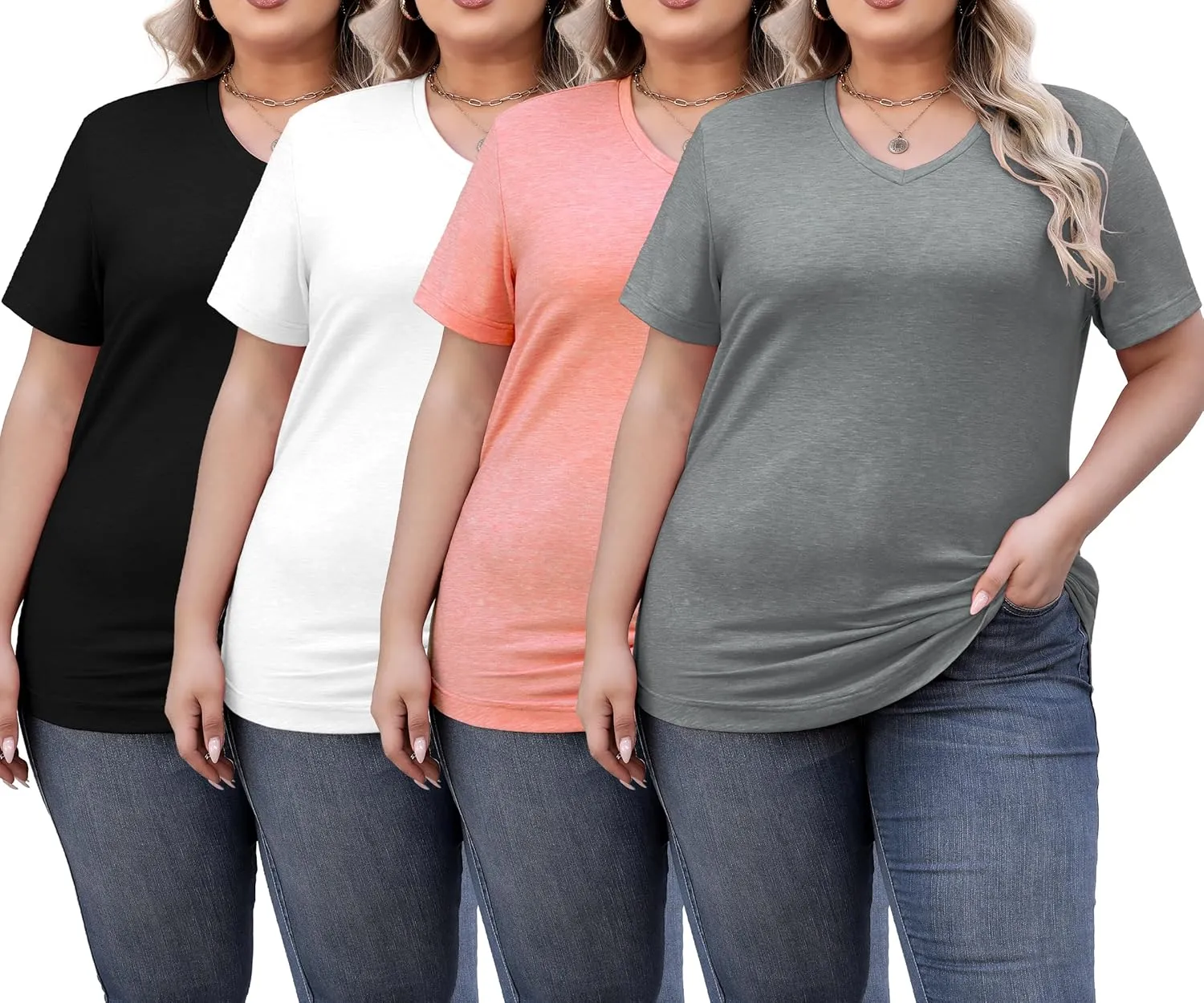 4 Pack Womens Short Sleeve V Neck T Shirts Basic Tee Casual Loose Fit Tops Flowy Curved Hem Outfits Clothes