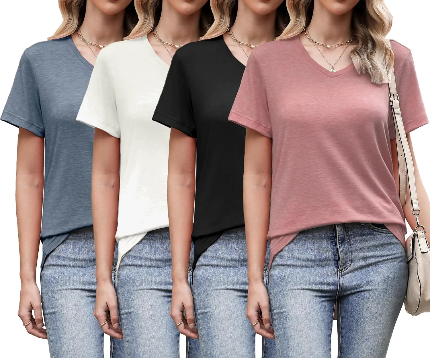 4 Pack Womens Short Sleeve V Neck T Shirts Basic Tee Casual Loose Fit Tops Flowy Curved Hem Outfits Clothes