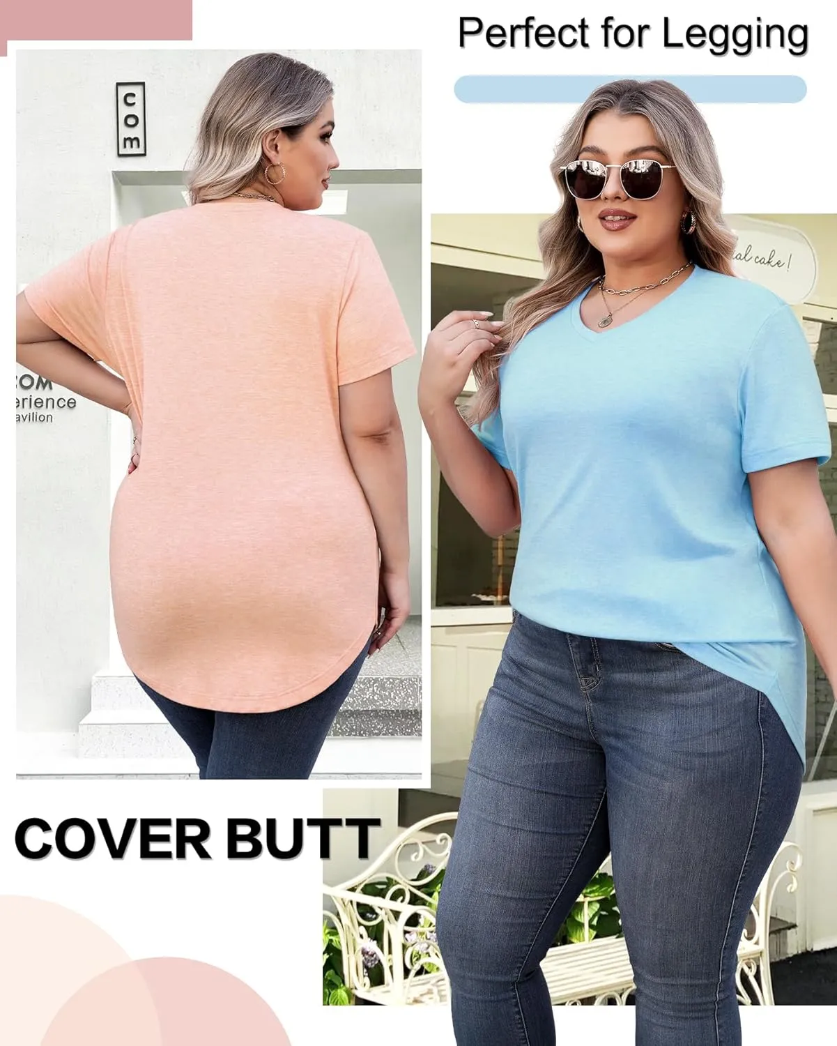 4 Pack Womens Short Sleeve V Neck T Shirts Basic Tee Casual Loose Fit Tops Flowy Curved Hem Outfits Clothes
