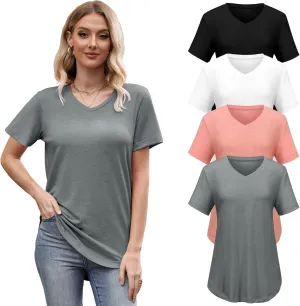 4 Pack Womens Short Sleeve V Neck T Shirts Basic Tee Casual Loose Fit Tops Flowy Curved Hem Outfits Clothes