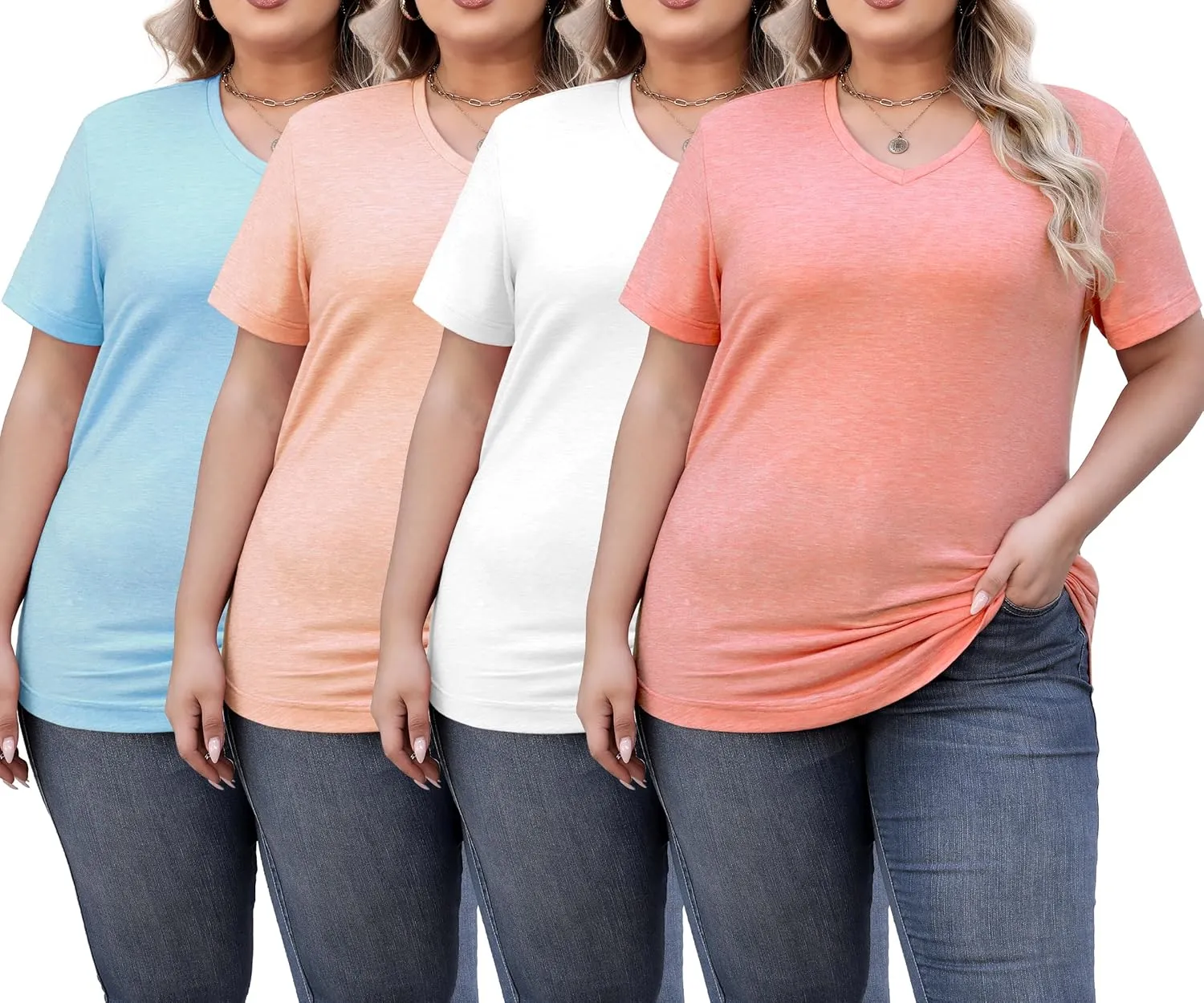 4 Pack Womens Short Sleeve V Neck T Shirts Basic Tee Casual Loose Fit Tops Flowy Curved Hem Outfits Clothes