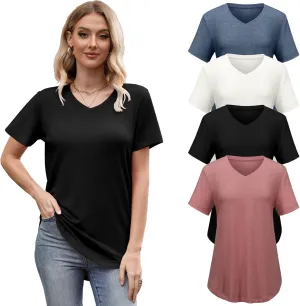 4 Pack Womens Short Sleeve V Neck T Shirts Basic Tee Casual Loose Fit Tops Flowy Curved Hem Outfits Clothes