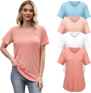 4 Pack Womens Short Sleeve V Neck T Shirts Basic Tee Casual Loose Fit Tops Flowy Curved Hem Outfits Clothes