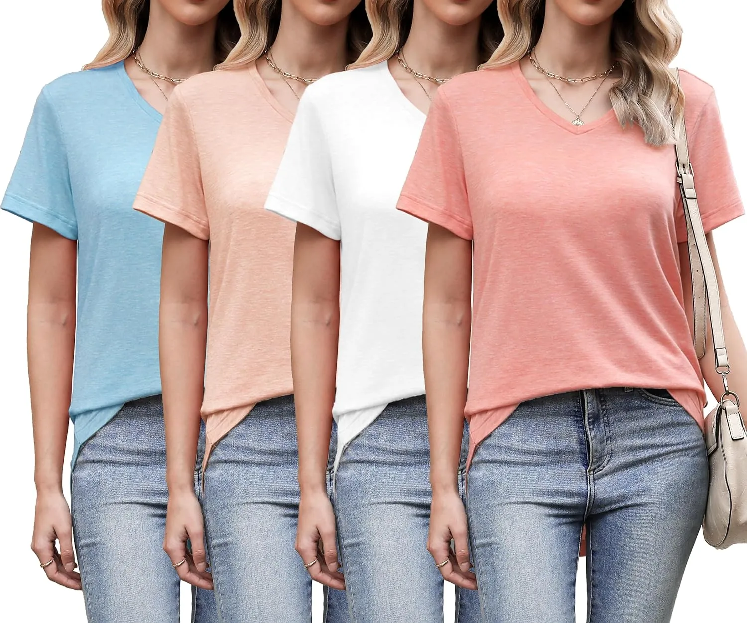 4 Pack Womens Short Sleeve V Neck T Shirts Basic Tee Casual Loose Fit Tops Flowy Curved Hem Outfits Clothes