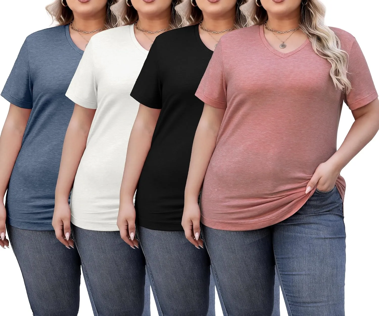 4 Pack Womens Short Sleeve V Neck T Shirts Basic Tee Casual Loose Fit Tops Flowy Curved Hem Outfits Clothes