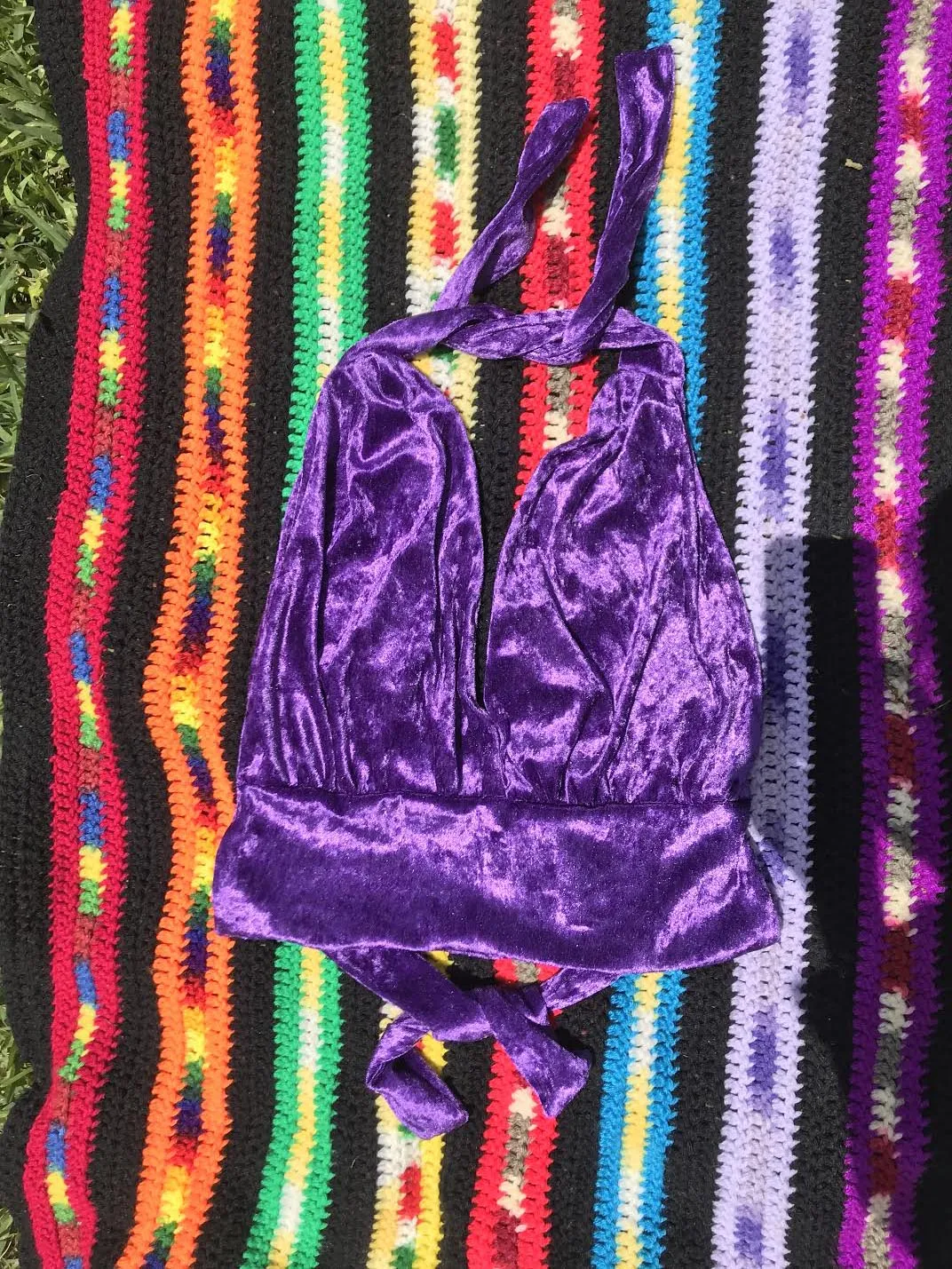70s Style | Groovy Purple Velvet Boho Hippie Halter Bralette Crop Top | One Size