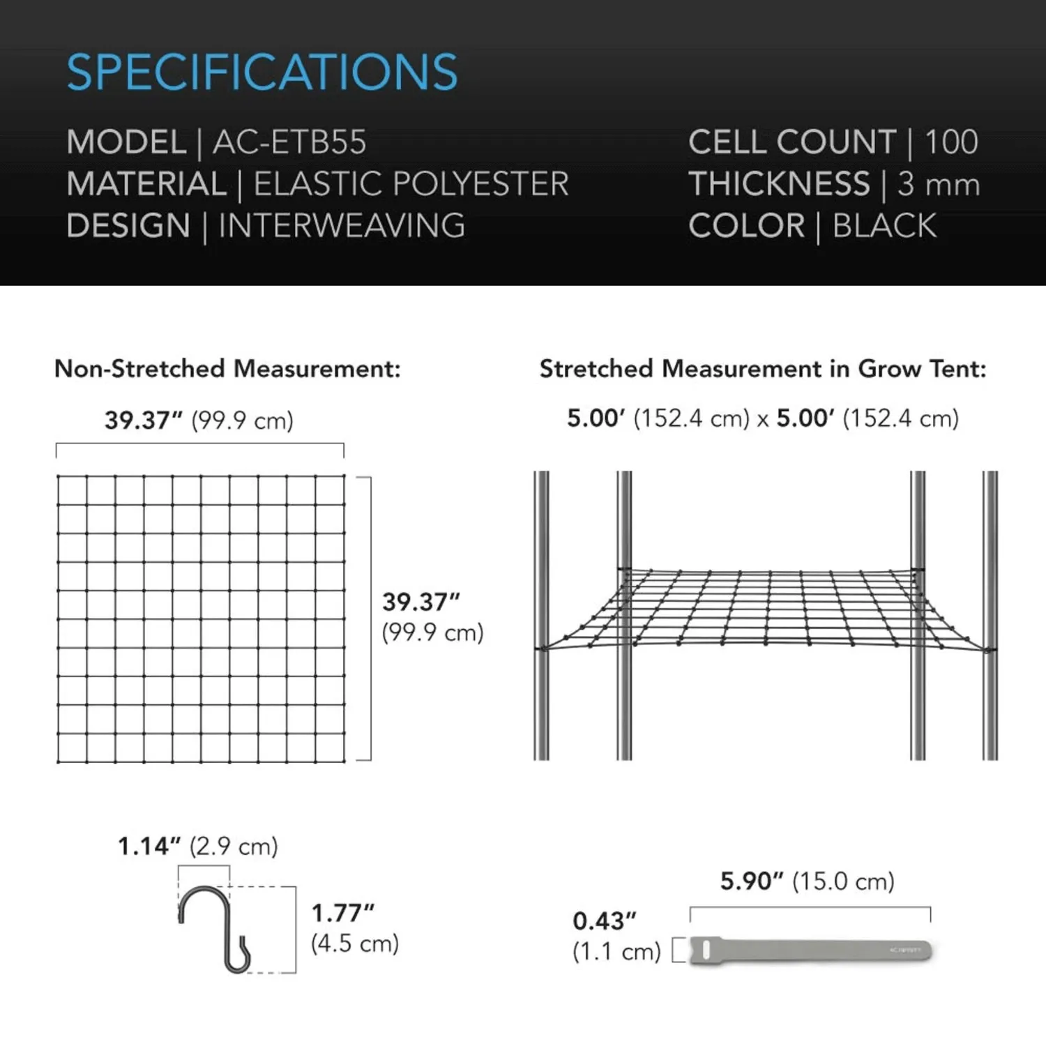 AC Infinity Grow Tent Trellis Netting, Flexible Elastic Cords, 5x5'