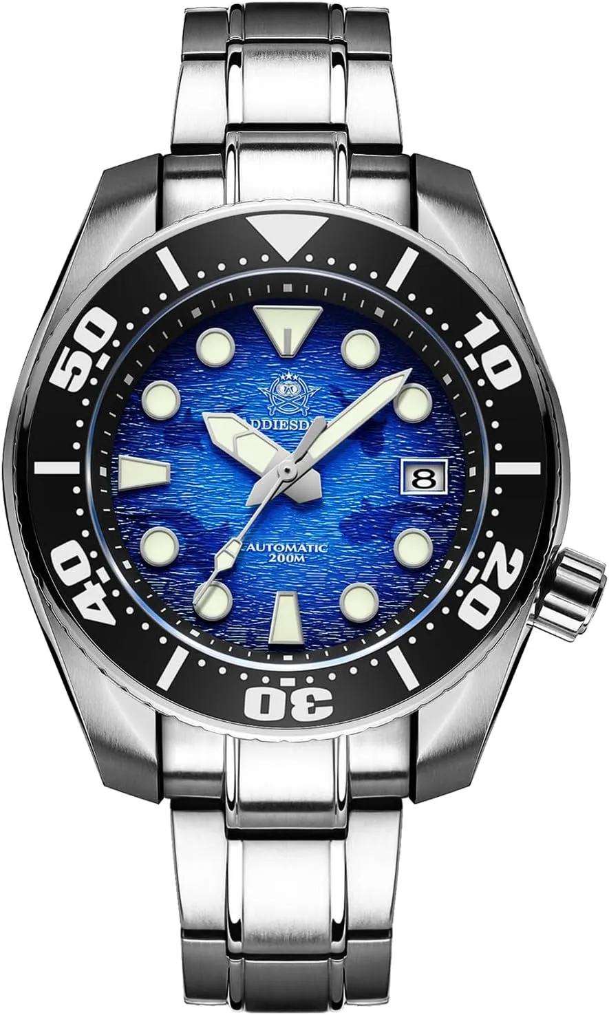 ADDIESDIVE Automatic Dive Watch for Men 44.9 MM Blue Dial with Water Ripples Design Waterproof 200 M NH35A Steel Band