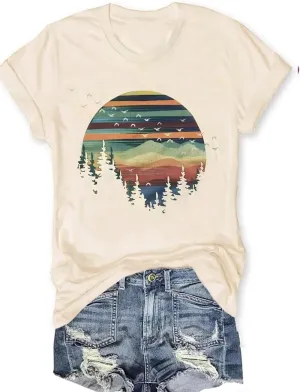 Adventure Awaits Outdoor Graphic T Shirt Women Retro Colorful Print Tees Hike Mountain Nature Travel Shirt Workout Tops