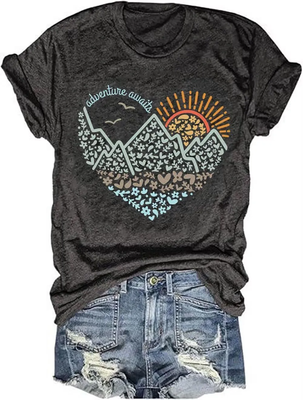 Adventure Awaits Outdoor Graphic T Shirt Women Retro Colorful Print Tees Hike Mountain Nature Travel Shirt Workout Tops
