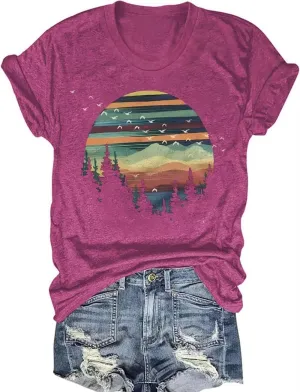 Adventure Awaits Outdoor Graphic T Shirt Women Retro Colorful Print Tees Hike Mountain Nature Travel Shirt Workout Tops