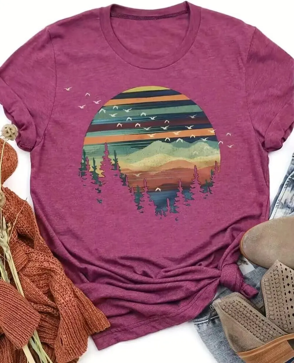 Adventure Awaits Outdoor Graphic T Shirt Women Retro Colorful Print Tees Hike Mountain Nature Travel Shirt Workout Tops