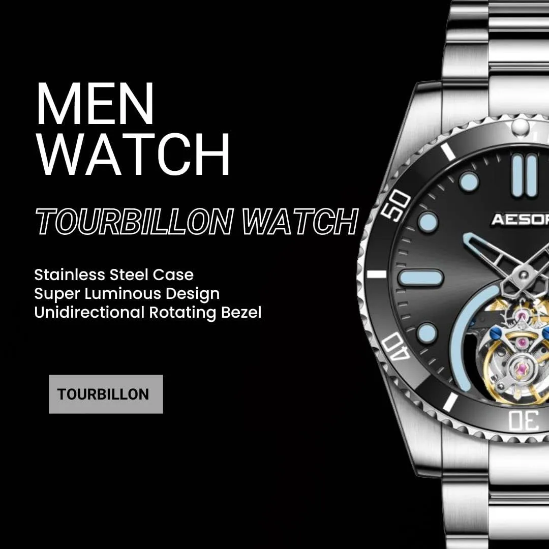 AESOP Tourbillon Men Watch Unidirectional Rotating Bezel Mechanical Hand Wind Wristwatches Analog Luminous Sapphire Stainless Business Luxury Watch for Men 7060