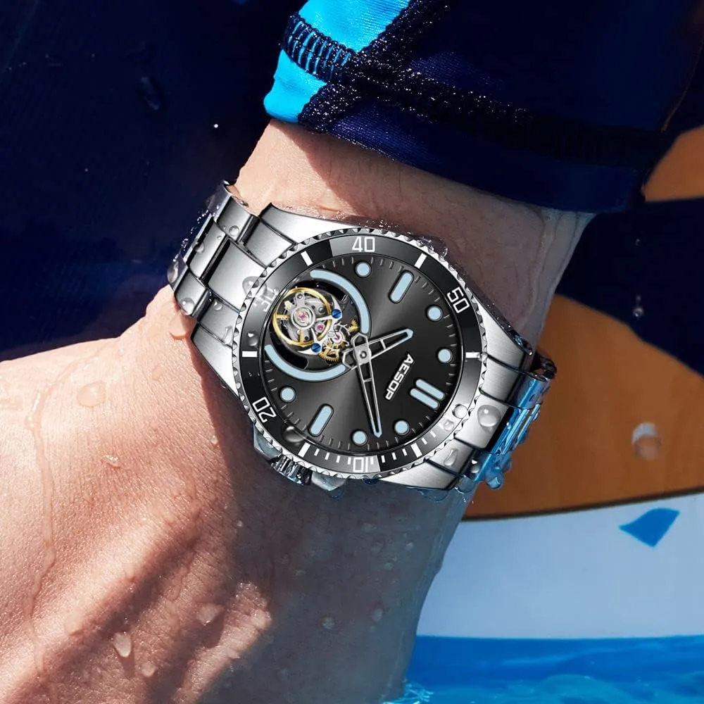 AESOP Tourbillon Men Watch Unidirectional Rotating Bezel Mechanical Hand Wind Wristwatches Analog Luminous Sapphire Stainless Business Luxury Watch for Men 7060