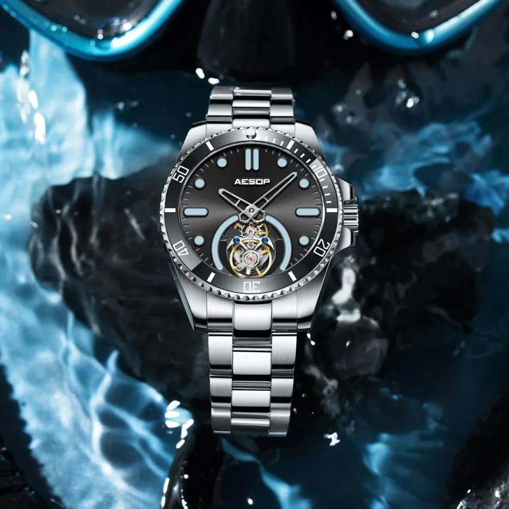 AESOP Tourbillon Men Watch Unidirectional Rotating Bezel Mechanical Hand Wind Wristwatches Analog Luminous Sapphire Stainless Business Luxury Watch for Men 7060