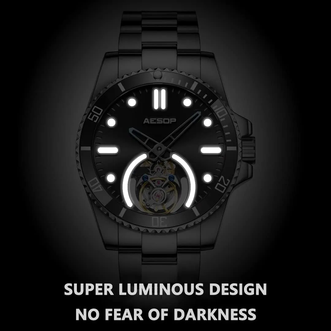 AESOP Tourbillon Men Watch Unidirectional Rotating Bezel Mechanical Hand Wind Wristwatches Analog Luminous Sapphire Stainless Business Luxury Watch for Men 7060