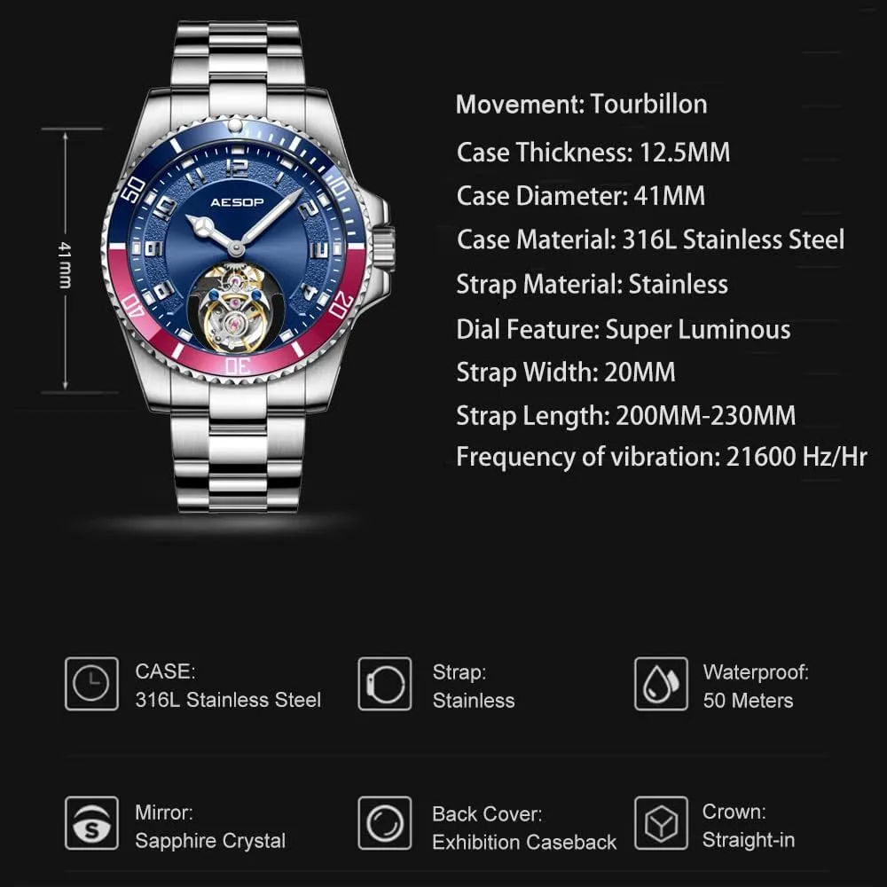 AESOP Tourbillon Men Watch Unidirectional Rotating Bezel Mechanical Hand Wind Wristwatches Analog Luminous Sapphire Stainless Business Luxury Watch for Men 7065