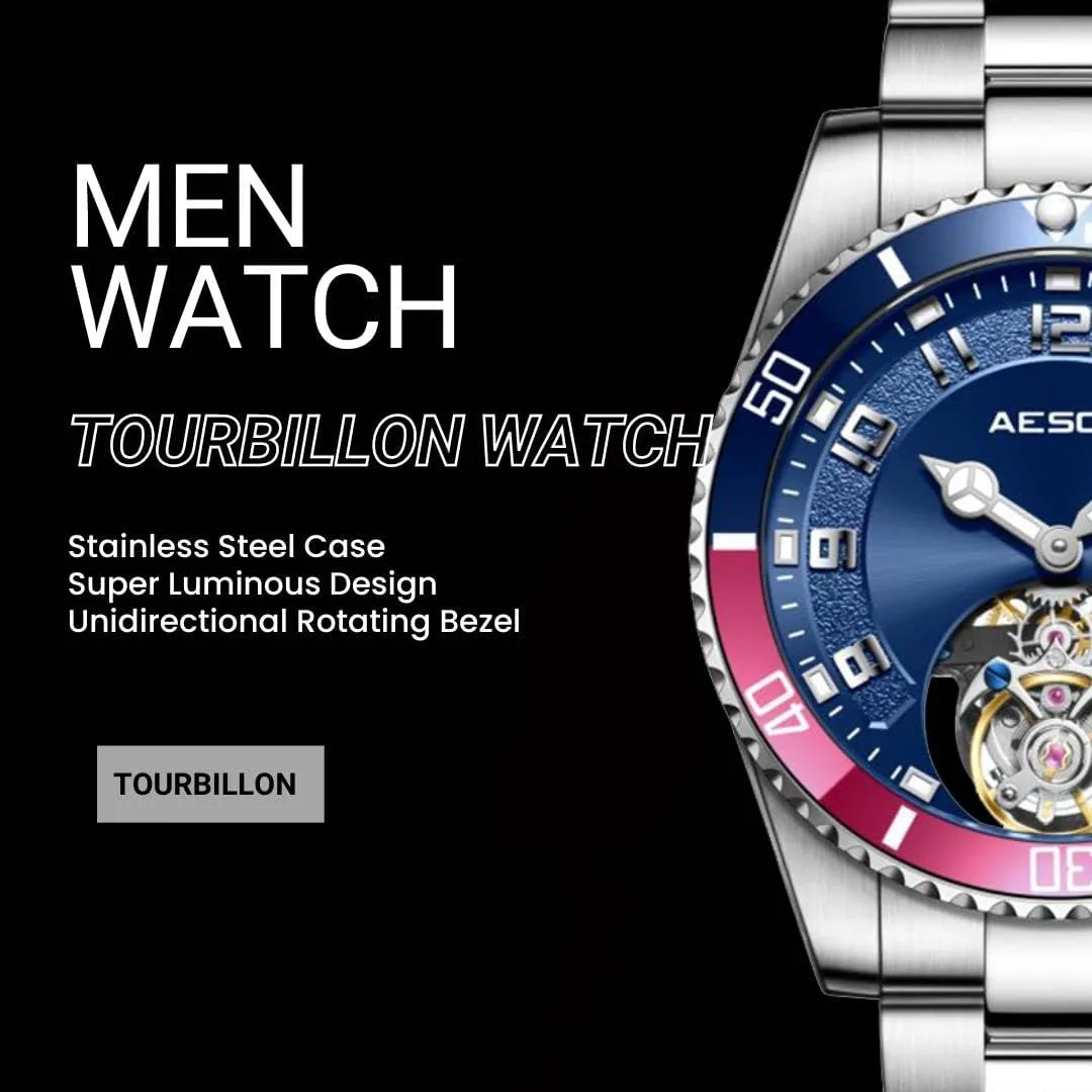 AESOP Tourbillon Men Watch Unidirectional Rotating Bezel Mechanical Hand Wind Wristwatches Analog Luminous Sapphire Stainless Business Luxury Watch for Men 7065