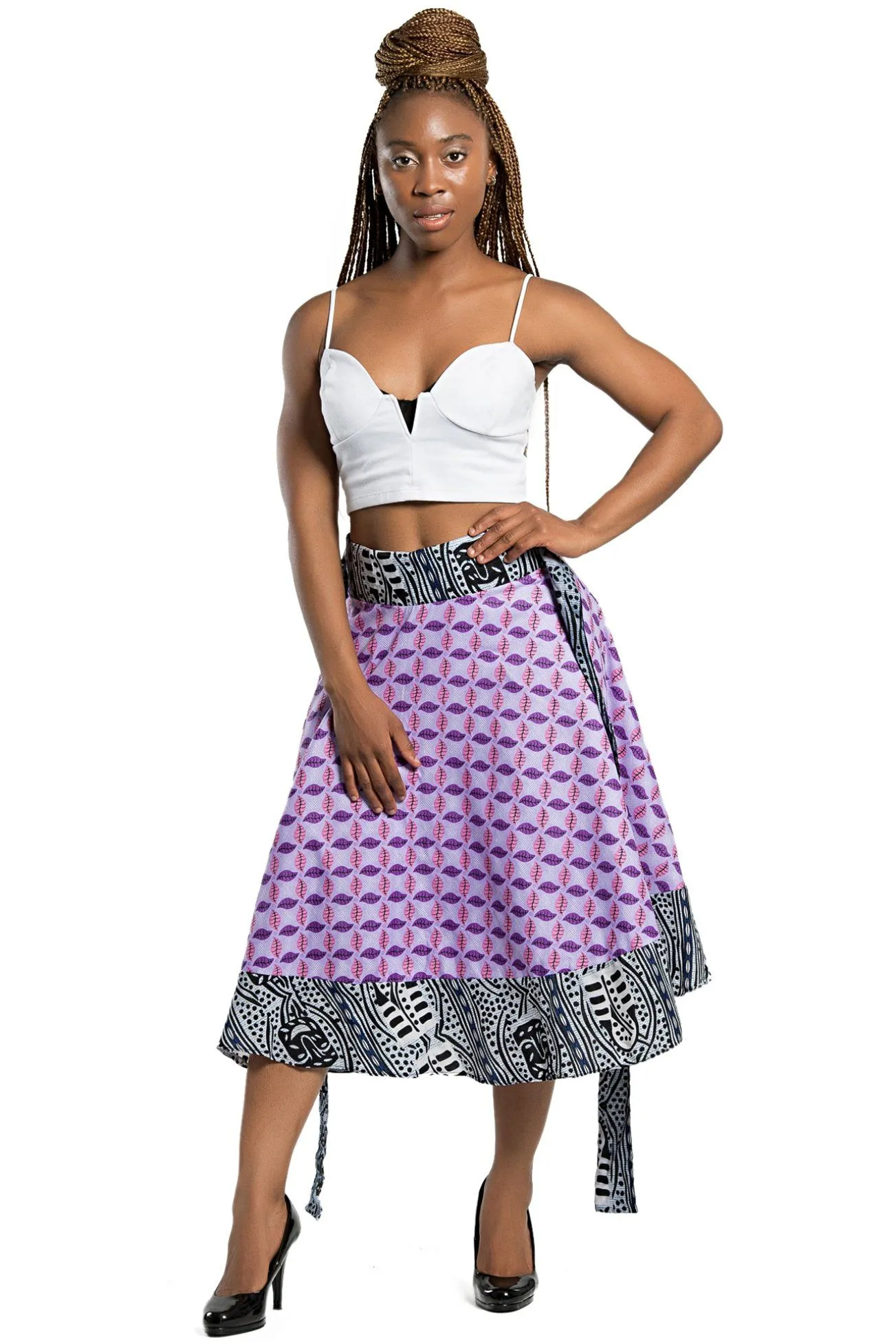 African Print Hannah 2-Seasons Midi Skirt ( Pink, Black & White)