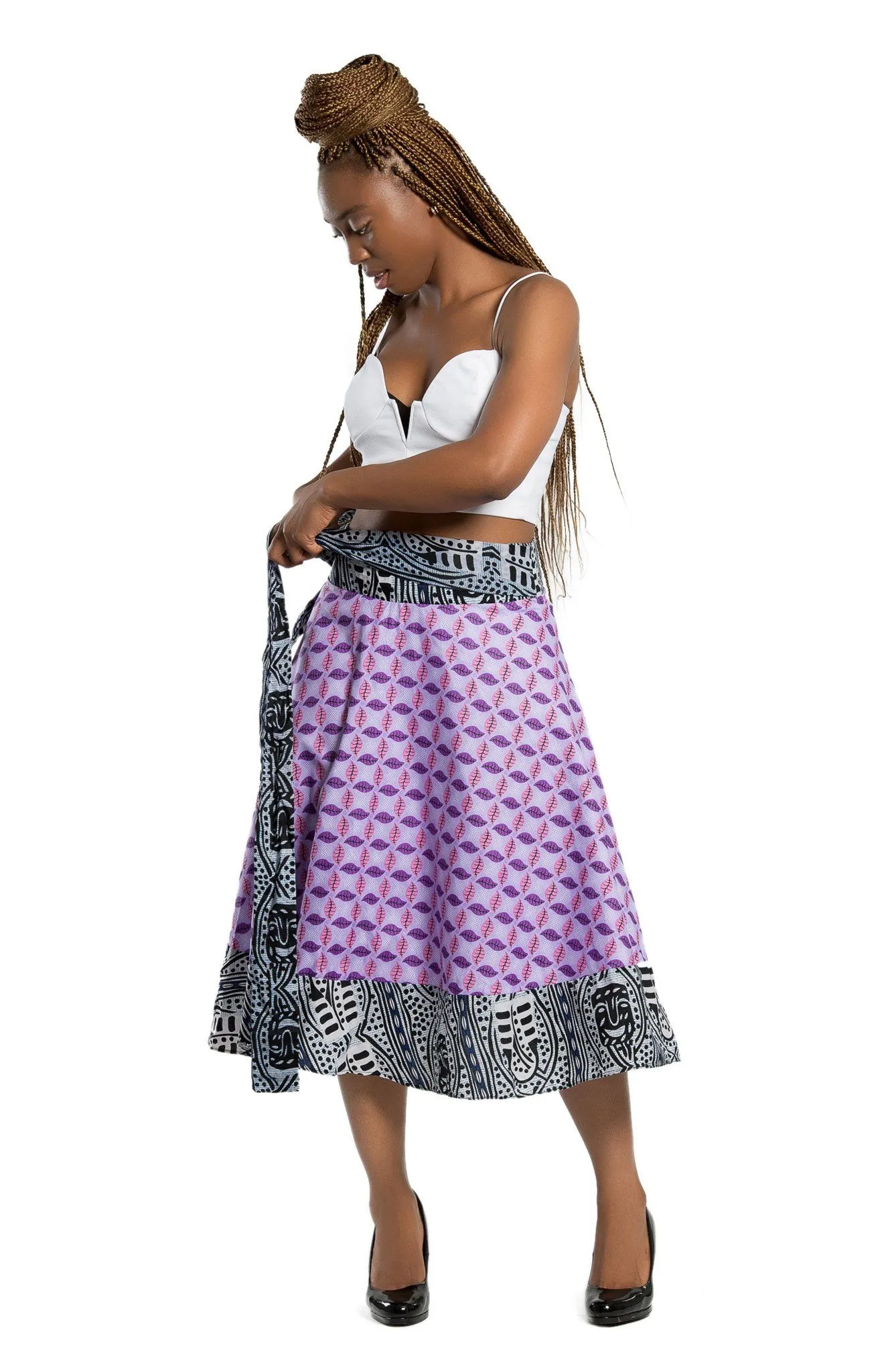 African Print Hannah 2-Seasons Midi Skirt ( Pink, Black & White)