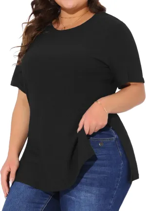 Agnes Orinda Plus Size Summer Women Casual Short Sleeve Crew Neck Tops T-Shirts Tees with Side Split