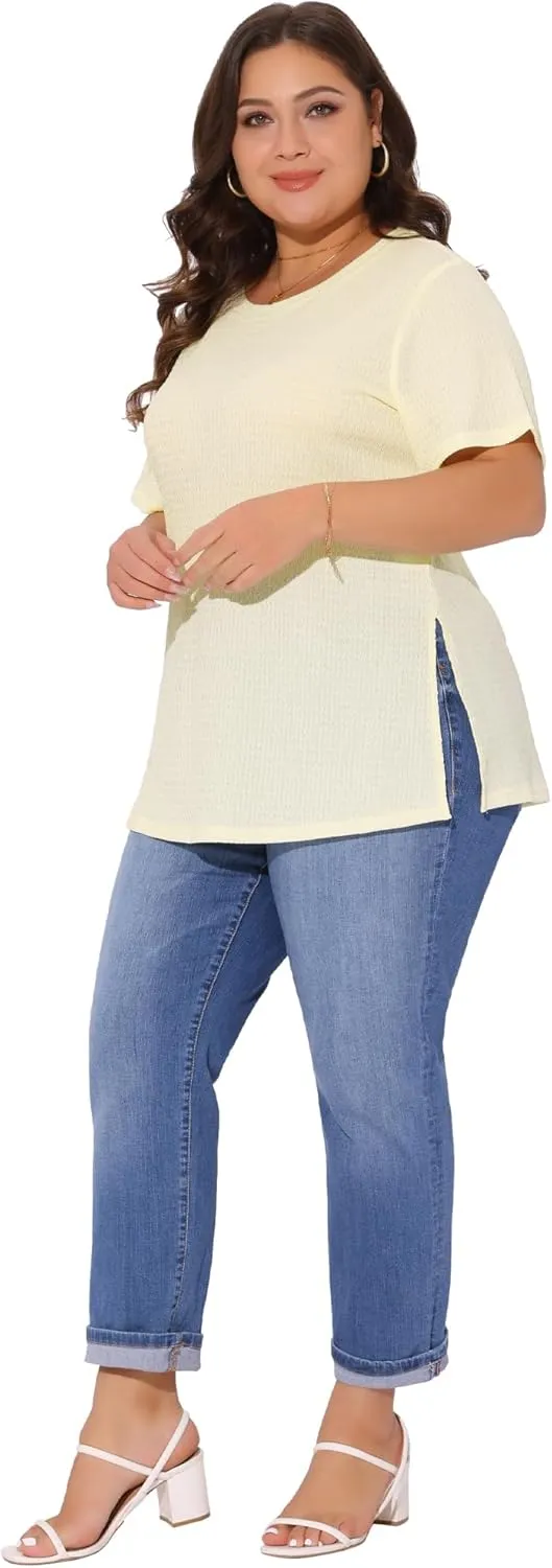 Agnes Orinda Plus Size Summer Women Casual Short Sleeve Crew Neck Tops T-Shirts Tees with Side Split