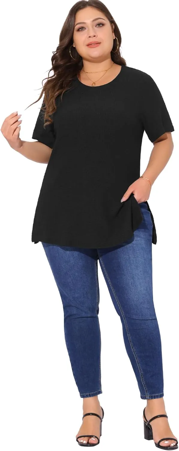 Agnes Orinda Plus Size Summer Women Casual Short Sleeve Crew Neck Tops T-Shirts Tees with Side Split
