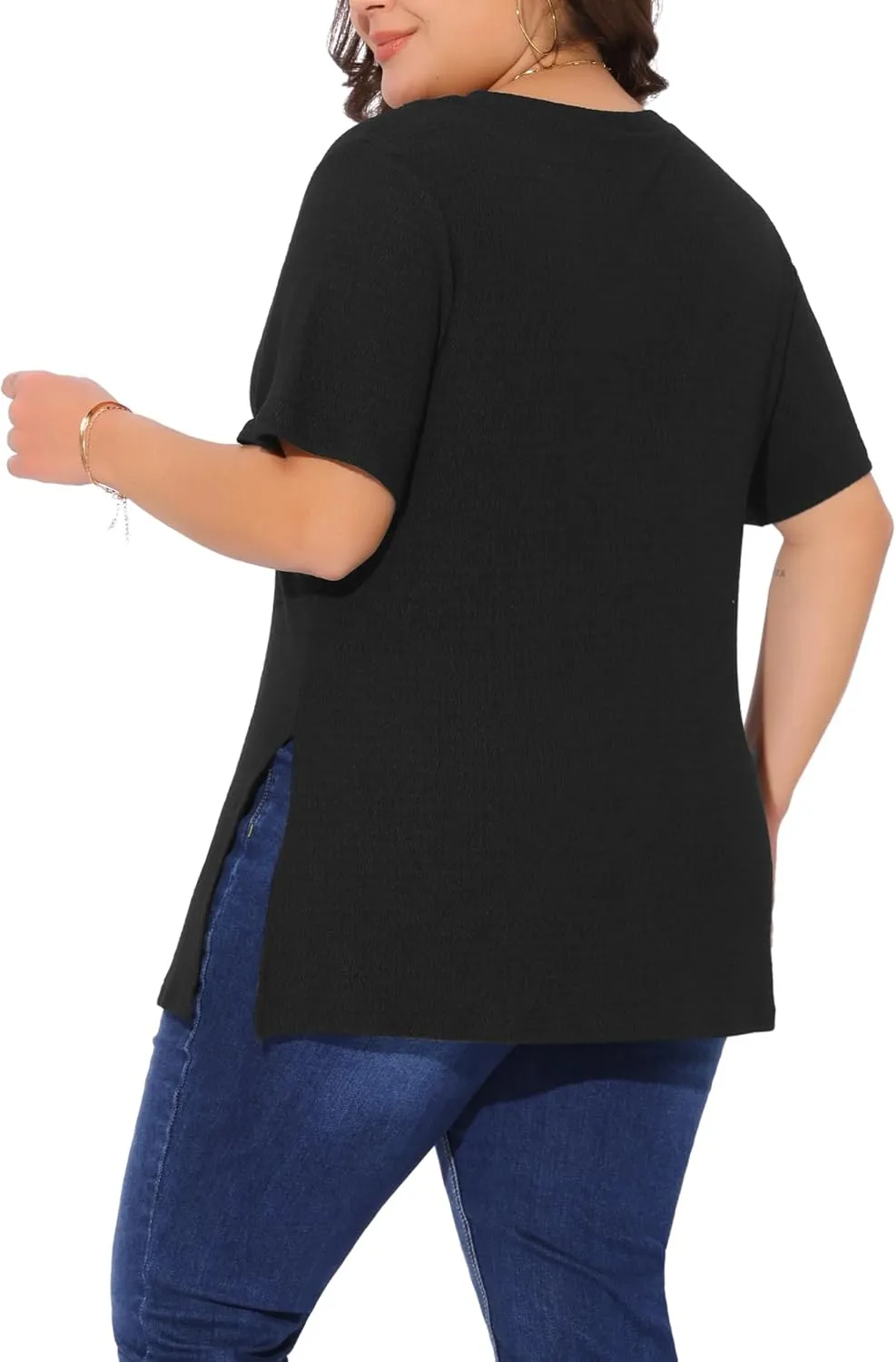 Agnes Orinda Plus Size Summer Women Casual Short Sleeve Crew Neck Tops T-Shirts Tees with Side Split
