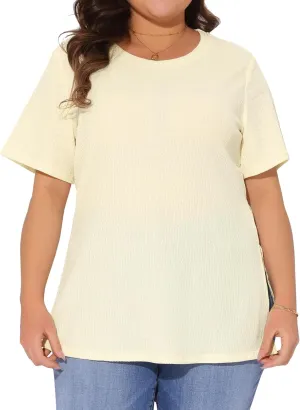 Agnes Orinda Plus Size Summer Women Casual Short Sleeve Crew Neck Tops T-Shirts Tees with Side Split