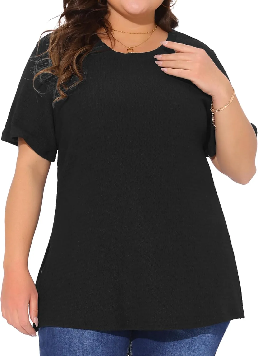 Agnes Orinda Plus Size Summer Women Casual Short Sleeve Crew Neck Tops T-Shirts Tees with Side Split