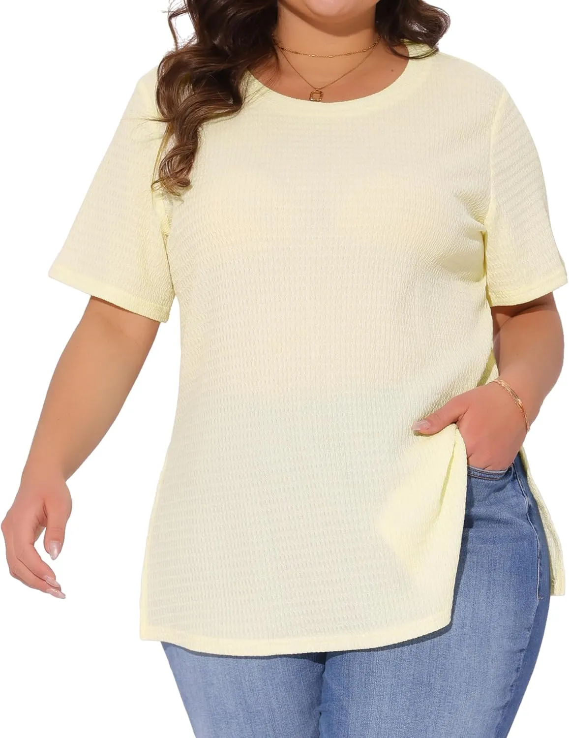 Agnes Orinda Plus Size Summer Women Casual Short Sleeve Crew Neck Tops T-Shirts Tees with Side Split