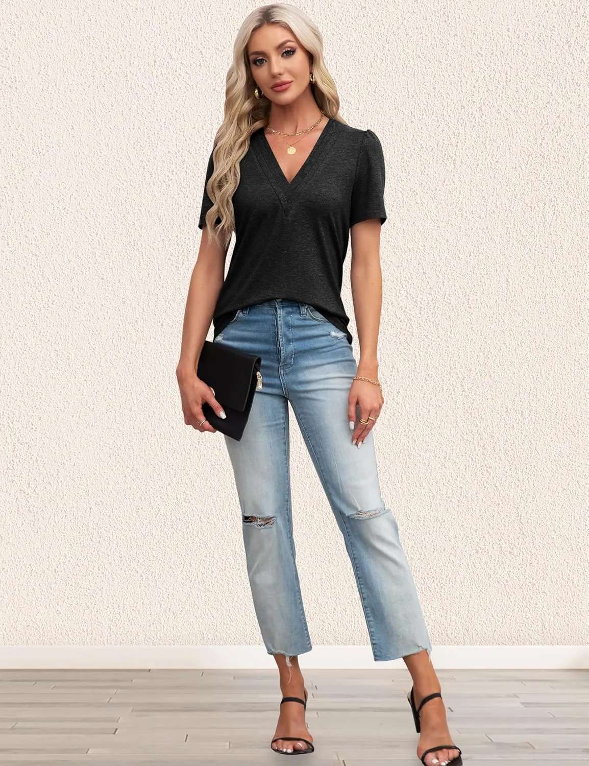 Agnes Urban Womens Tops Dressy Casual V Neck Short Sleeve Shirts Summer Loose T Shirts Trendy Tops Tunic Blouses
