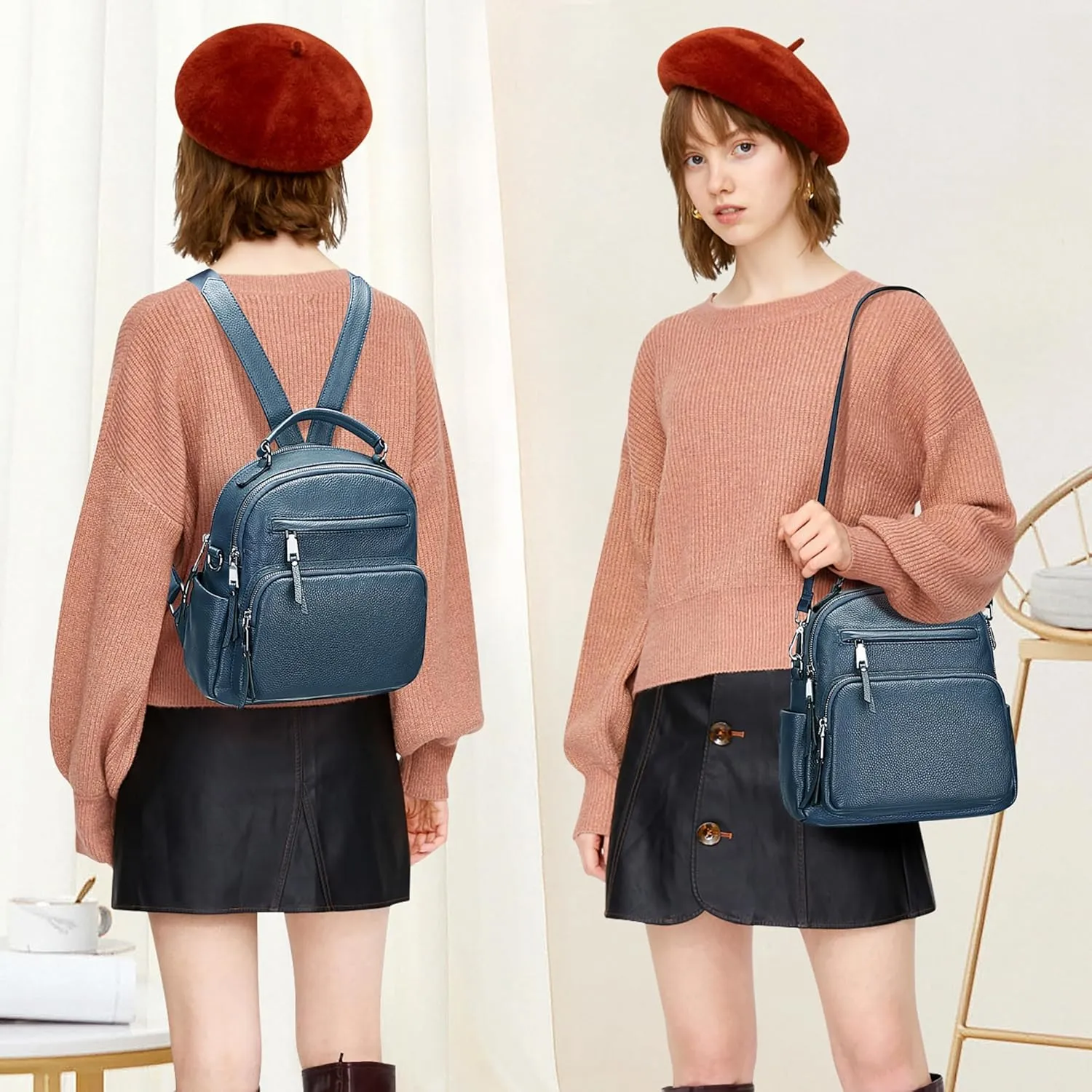 ALTOSY Genuine Leather Backpack for Women Small Convertible Backpack Purse Ladies Shoulder Bag 4 in 1 to Carry