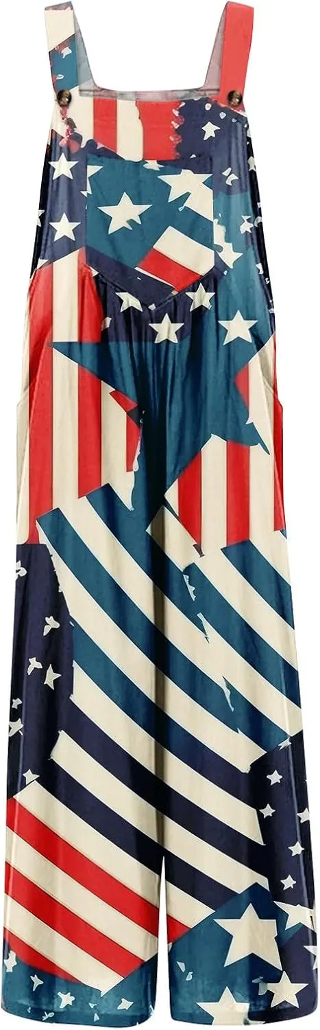 American Flag Romper Women Cotton Linen Sleeveless Straps Harem Tapered Bib Jumpsuits Red White and Blue Overalls