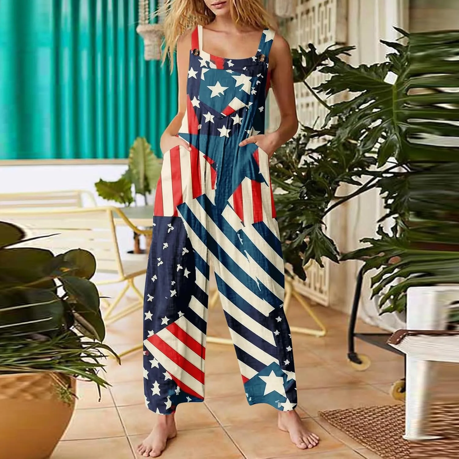 American Flag Romper Women Cotton Linen Sleeveless Straps Harem Tapered Bib Jumpsuits Red White and Blue Overalls