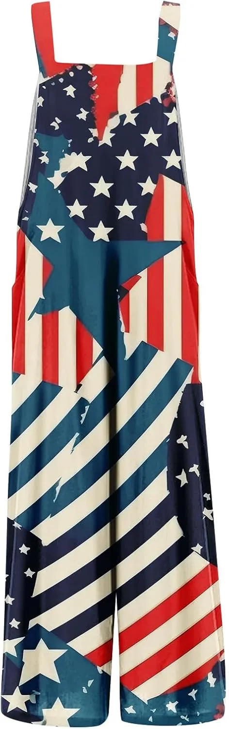 American Flag Romper Women Cotton Linen Sleeveless Straps Harem Tapered Bib Jumpsuits Red White and Blue Overalls